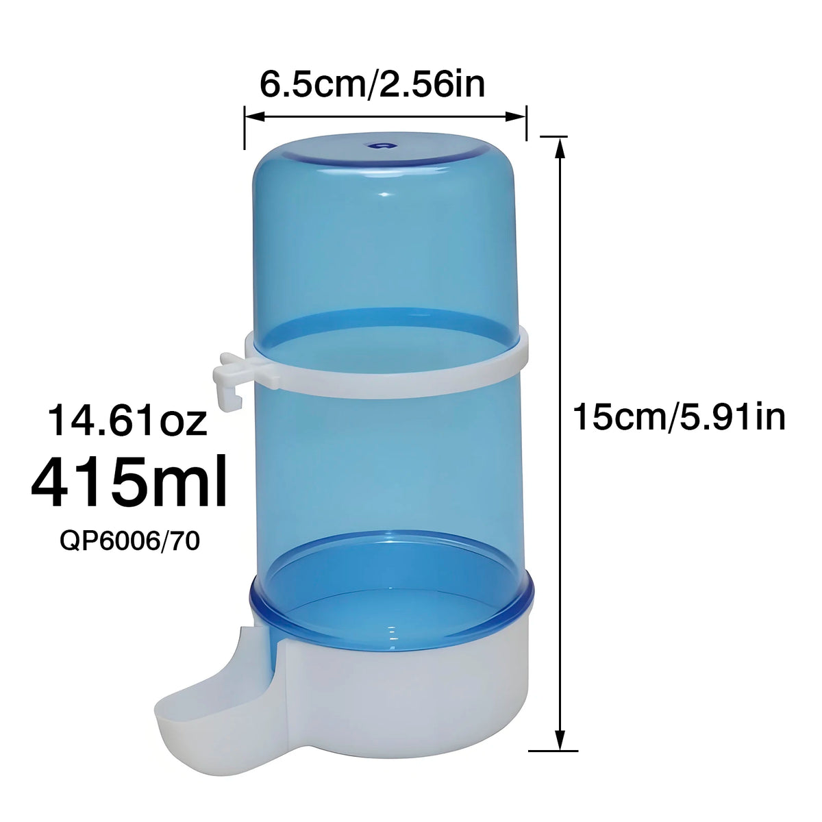 A light blue bird drinking trough with measurements and a white base.