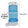 A light blue bird drinking trough with measurements and a white base.