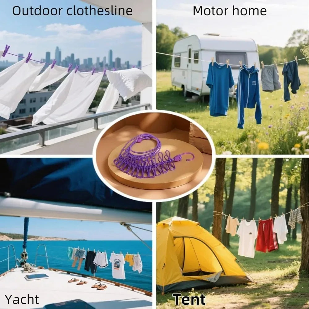 Verschiedene Außenglieder und Leinen zum Trocknen von Kleidung auf Balkon, Motorhome, Yacht und Zelt.