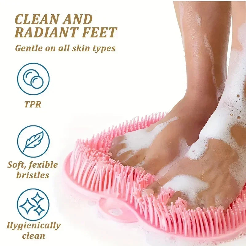 A pink silicone foot scrub brush is shown gently cleaning and exfoliating the feet of a person.