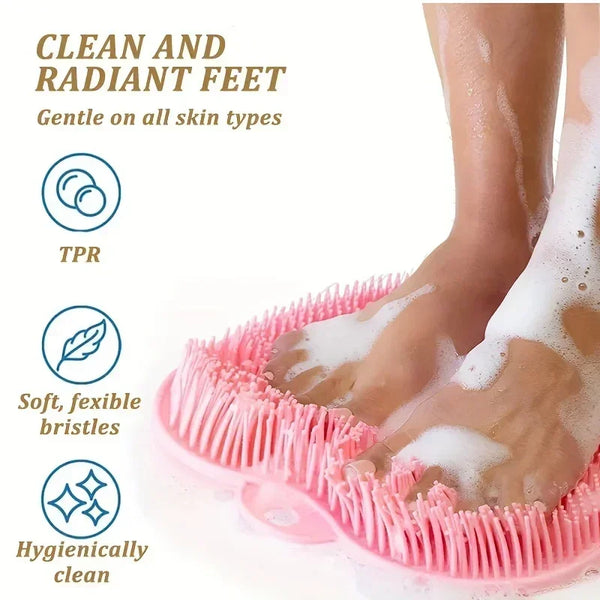 A pink silicone foot scrub brush is shown gently cleaning and exfoliating the feet of a person.