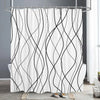 White shower curtain featuring black abstract geometric wavy lines