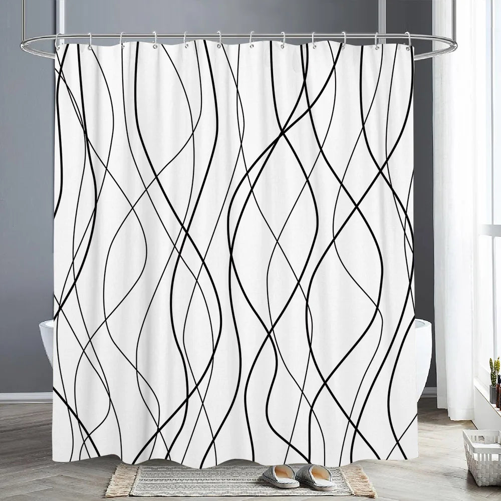 White shower curtain featuring black abstract geometric wavy lines