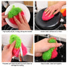 Various views of a pink and green strawberry scrubber sponge for kitchen cleaning