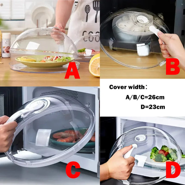 Demonstration of a high-temperature resistant food splash guard for microwave, showing various sizes and usage.