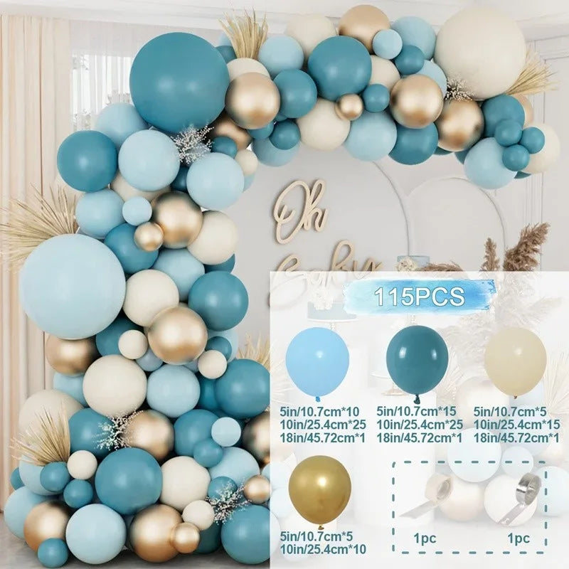 A round foil balloon garland kit featuring various shades of blue, beige, and gold balloons.
