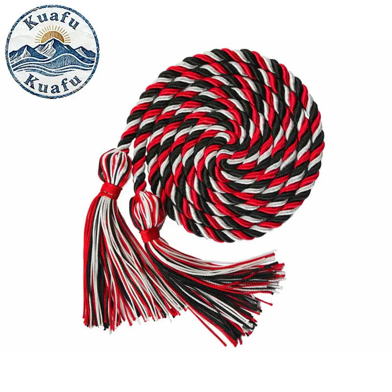 A graduation honor cord with red, white, and black stripes and tassel ends.
