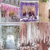 A collage of floral decor featuring purple wisteria garlands, pink flowers, and white cascading flowers for events.