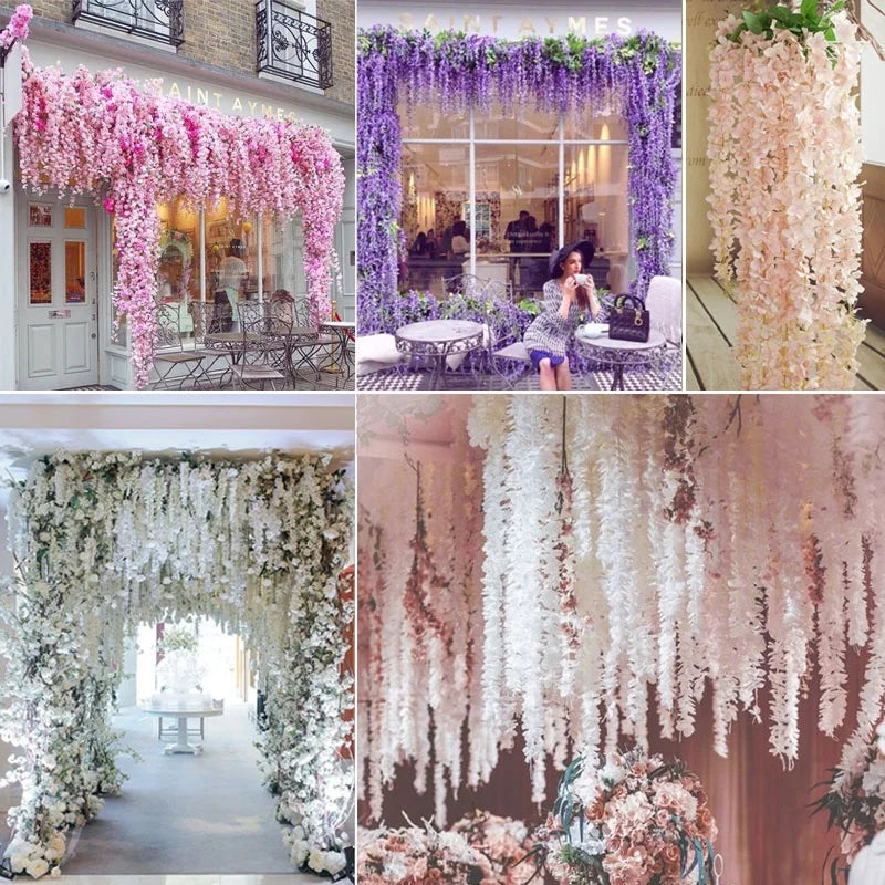 A collage of floral decor featuring purple wisteria garlands, pink flowers, and white cascading flowers for events.
