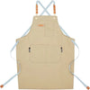 A beige adjustable hairdressing apron with straps and pockets for professional use.