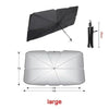 A large, black car sunshade umbrella shown in various views and dimensions.