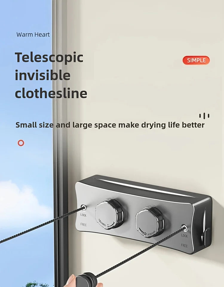 A close-up of a black telescoping clothesline mounted on a wall, showing the locking and freeing mechanism.