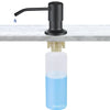 A black faucet dispensing liquid soap into a clear blue bottle on a white marble surface.
