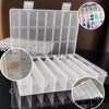 Clear plastic storage box with multiple compartments for organizing jewelry, beads, and small items