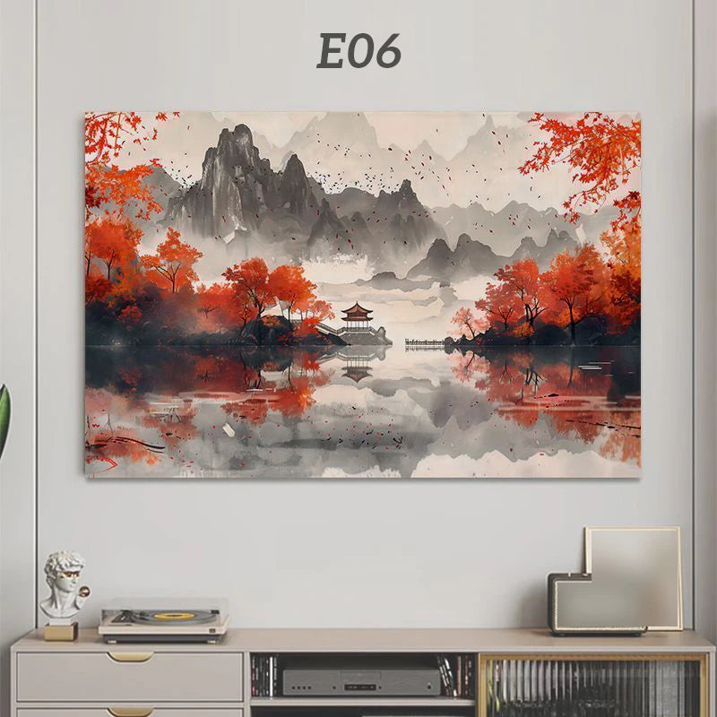 A painting depicting misty mountains and vibrant red autumn foliage reflected in water.