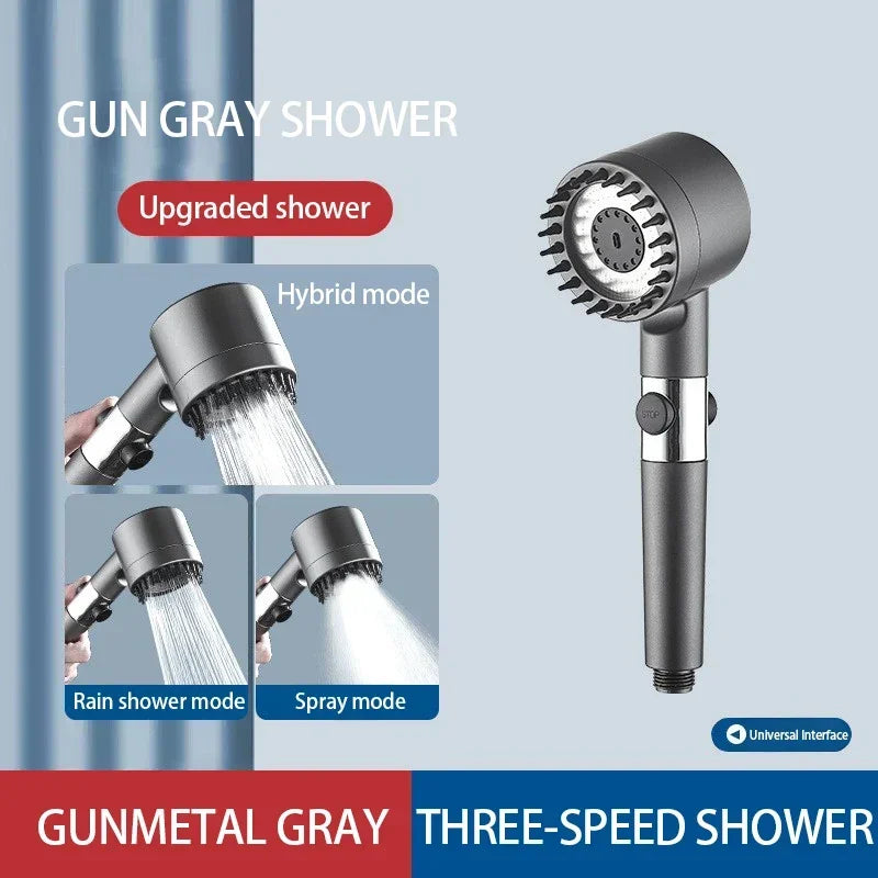 Gunmetalgraue Drei-Wege-Duschkopf mit erweiterten Funktionen, darunter Hybrid-, Regen- und Sprüh-Modi