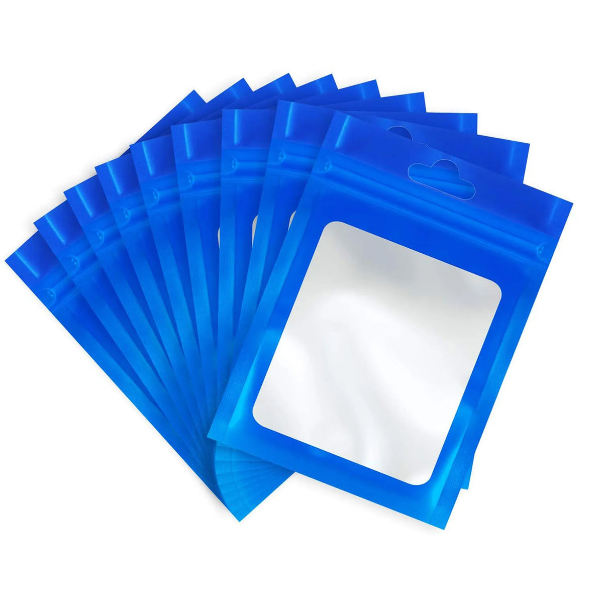 A stack of bright blue jewelry display pouches, packaged for retail.