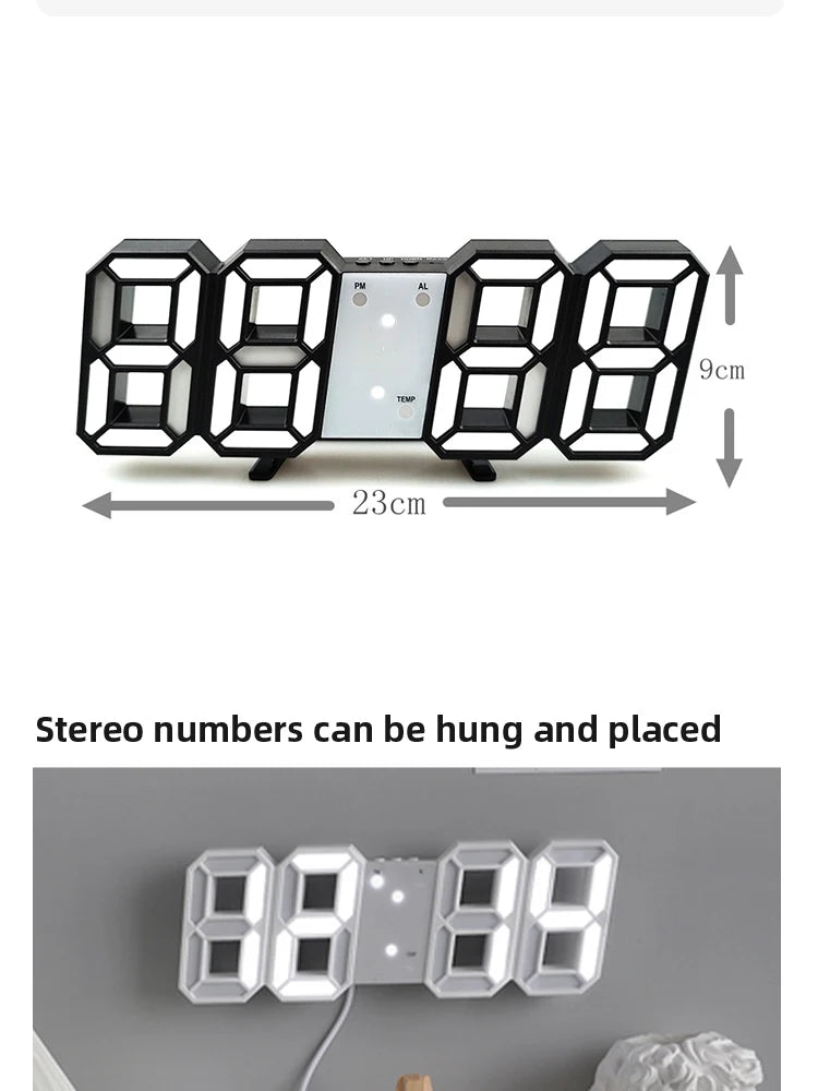 Schwarze 7-Segment-digitale Wanduhr mit weißer Anzeige und USB-Ladeanschluss an einer grauen Wand.