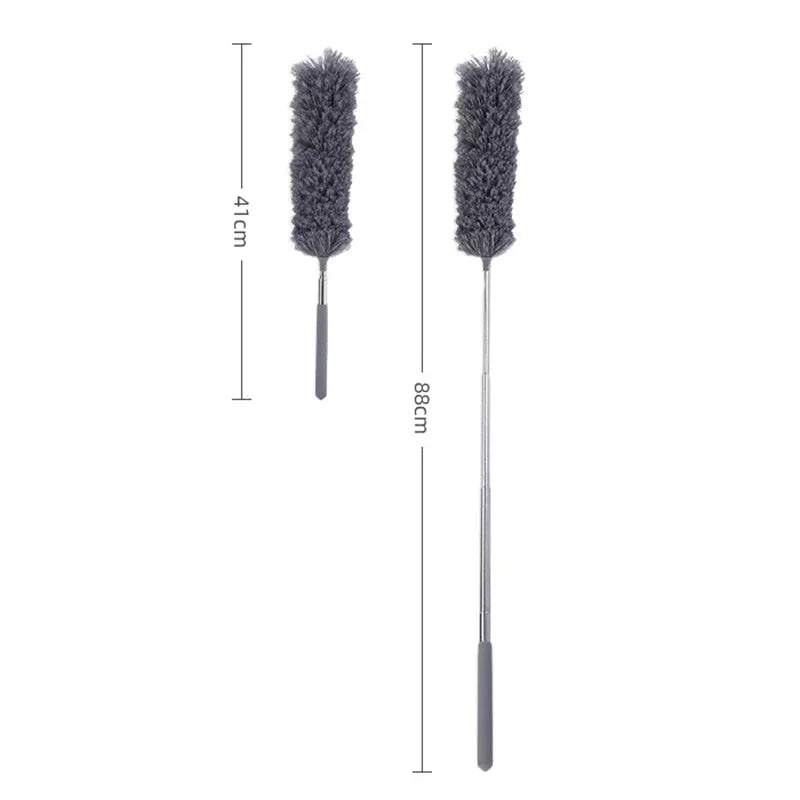 A telescopic electrostatic microfiber duster with an extendable stainless steel handle.