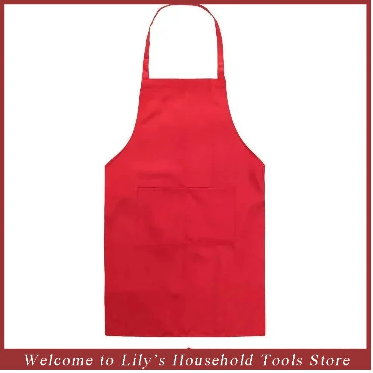 A bright red cooking apron with a large pocket shown against a white background.