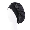 Black satin wide-brim sleeping bonnet shown on a mannequin head.