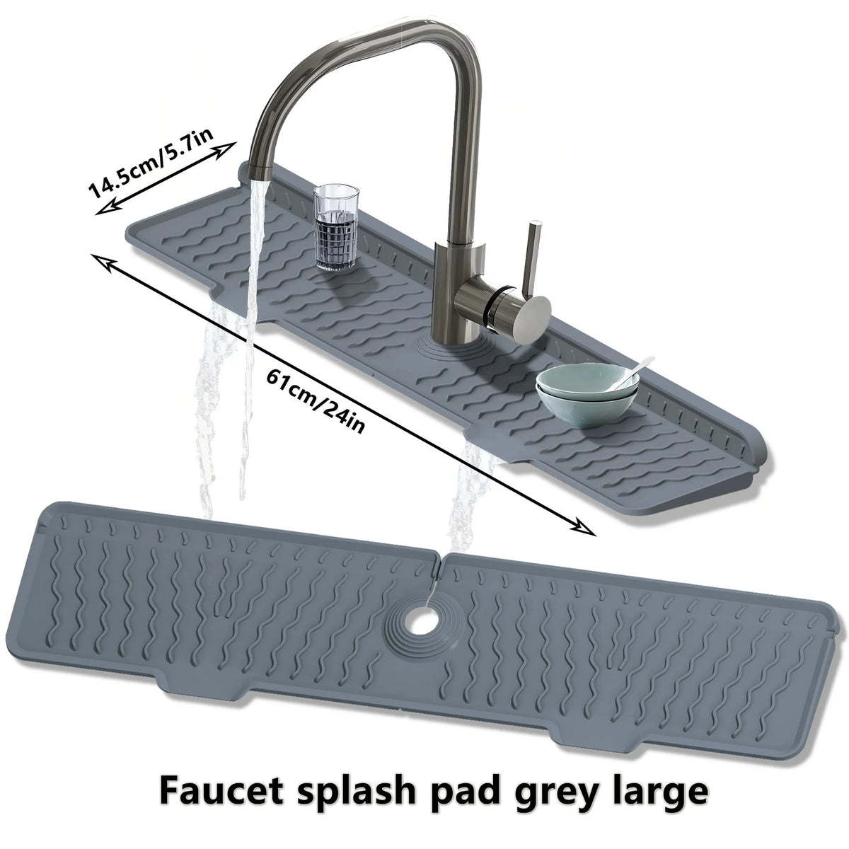 A large grey silicone faucet splash pad mat with a faucet and a glass cup shown in use.