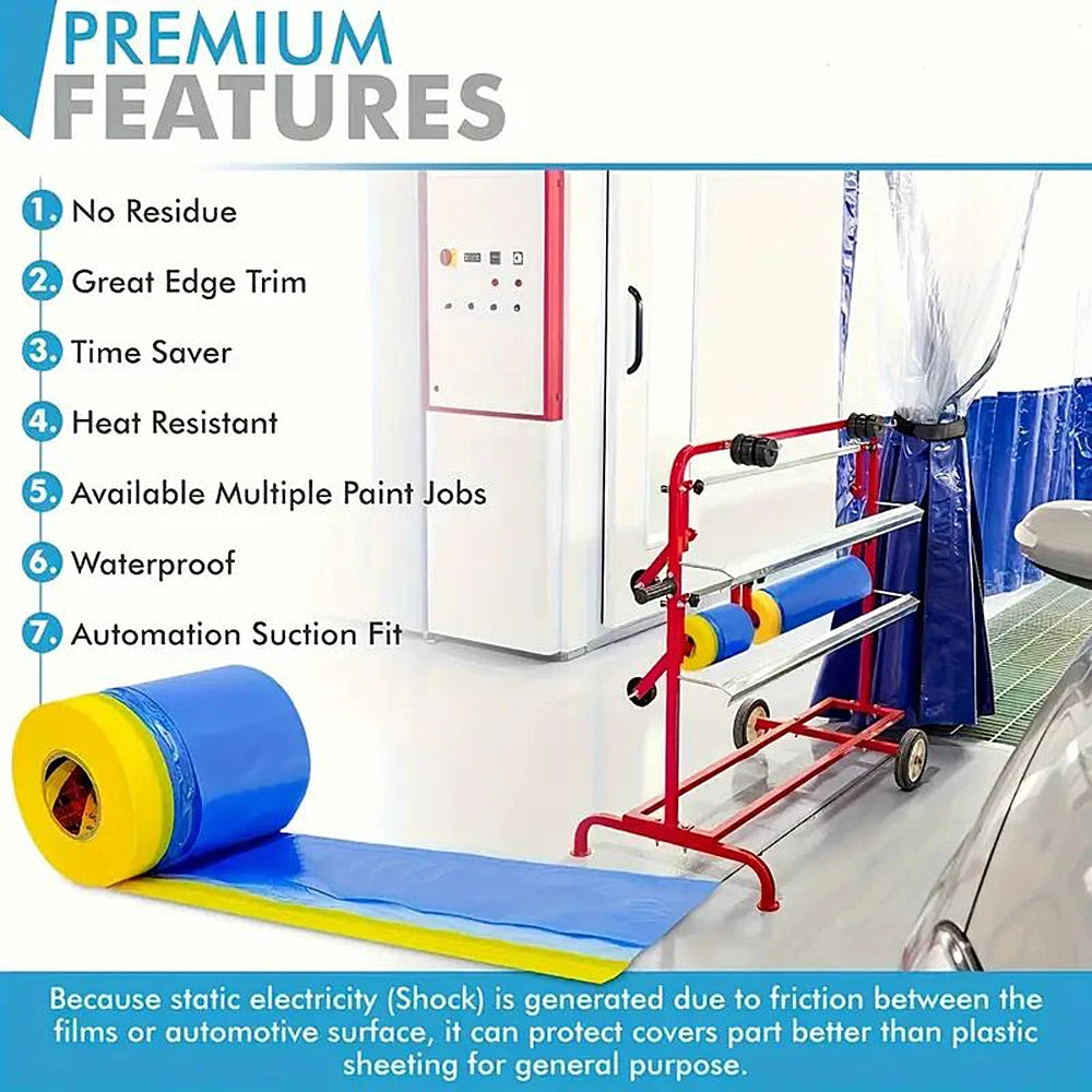 Rolls of blue and yellow plastic masking film tape shown next to a white cabinet with red hardware.