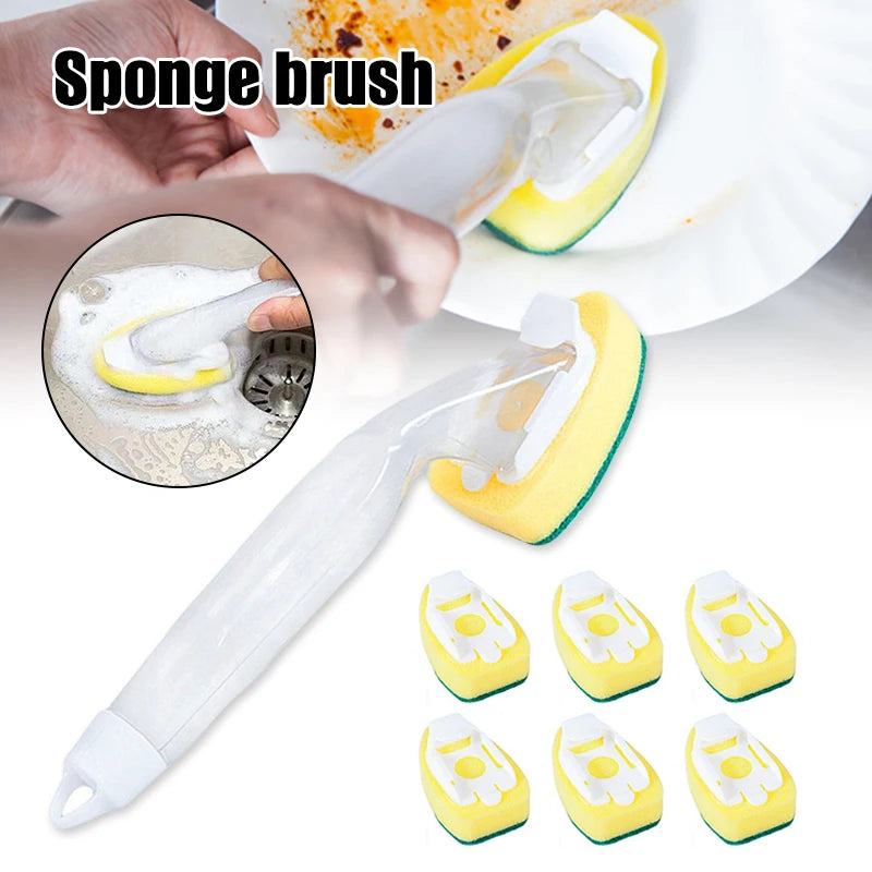 A set of yellow sponge brushes and a white handle for dish wand cleaning.
