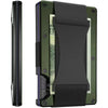 A green card wallet with a black strap and a slim card slot is shown.
