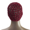 A close-up of a hand-crocheted mesh hair net cap in deep burgundy color displayed on a mannequin head.