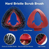 Red hard bristle scrub brush with a rocket shape and durable bristles shown alongside close-ups.