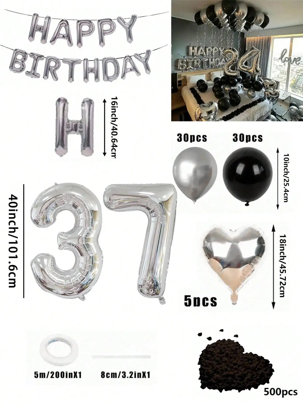 Un conjunto de globos con números y formas de corazón en papel metálico plateado y negro, junto a un polvo marrón oscuro.