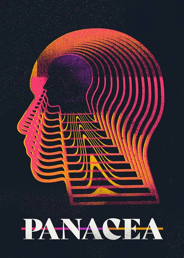Abstract art featuring a silhouette of a head composed of concentric lines in shades of pink, orange, and purple against a da