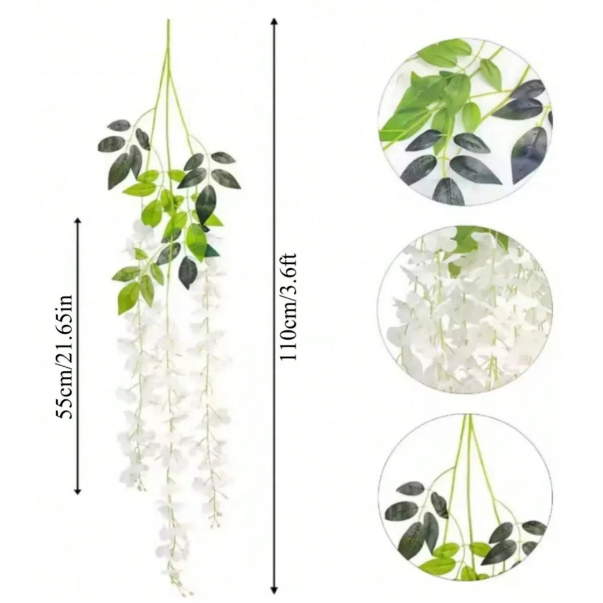 Artificial wisteria garland featuring green leaves and white flowers shown in a vertical display.
