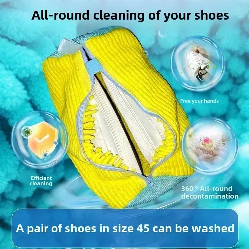 Yellow zippered laundry bag for all-round shoe cleaning and decontamination