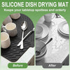 Before and after comparison of a silicone dish drying mat used for keeping tabletops spotless.