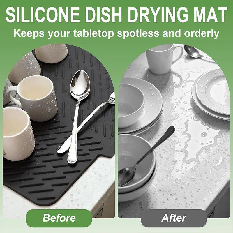 Before and after comparison of a silicone dish drying mat used for keeping tabletops spotless.