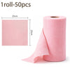 A roll of pink reusable microfiber cleaning cloths, showing the texture and size.