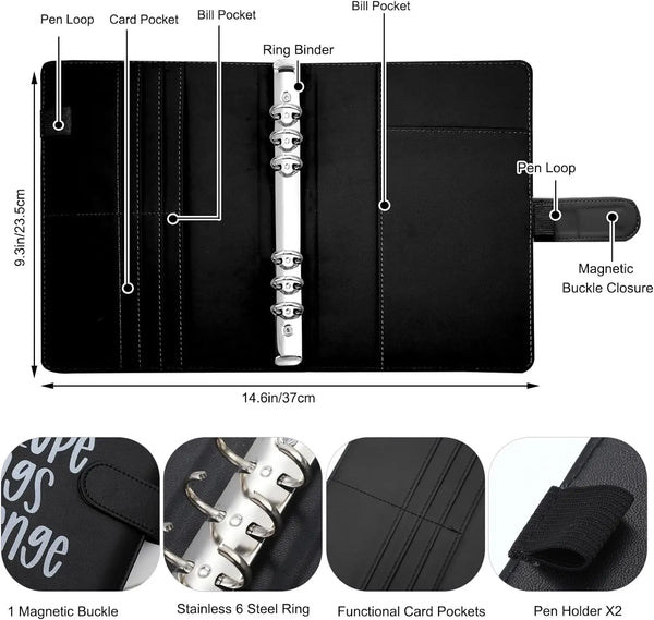 A black budget planner featuring pen loops, card pockets, a ring binder, and a magnetic buckle closure.