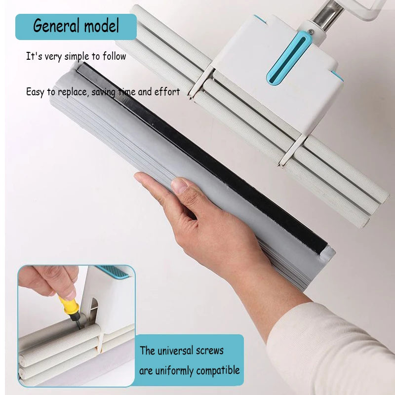 A hand is replacing a sponge mop head with universal screws on a white and gray mop system.