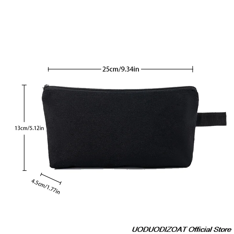 Black zippered pouch for storing cosmetics and stationery items