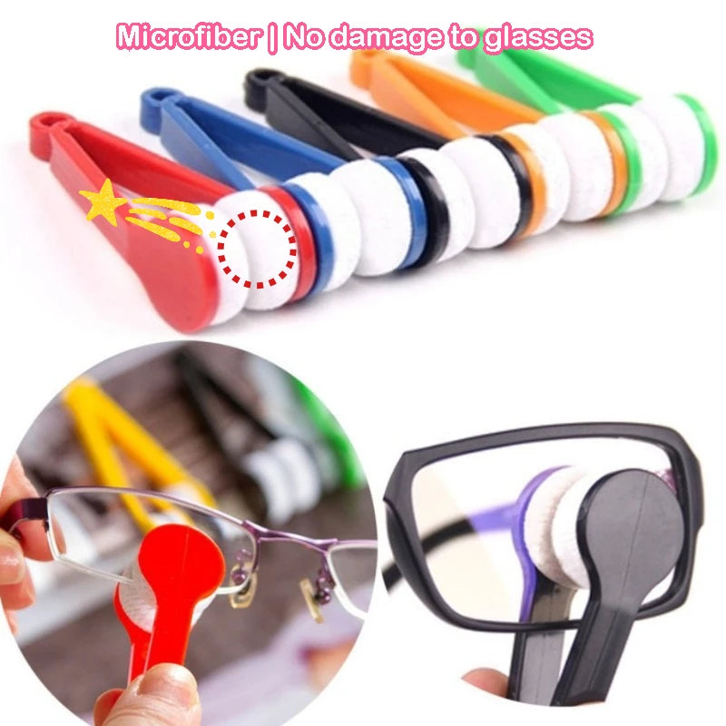 A set of microfiber cleaning cloths in various colors is shown alongside an example of the kit used for cleaning eyeglasses.