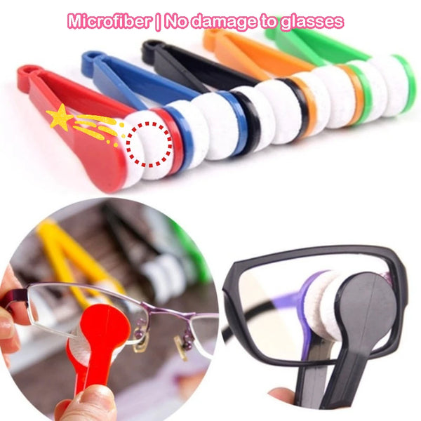 A set of microfiber cleaning cloths in various colors is shown alongside an example of the kit used for cleaning eyeglasses.