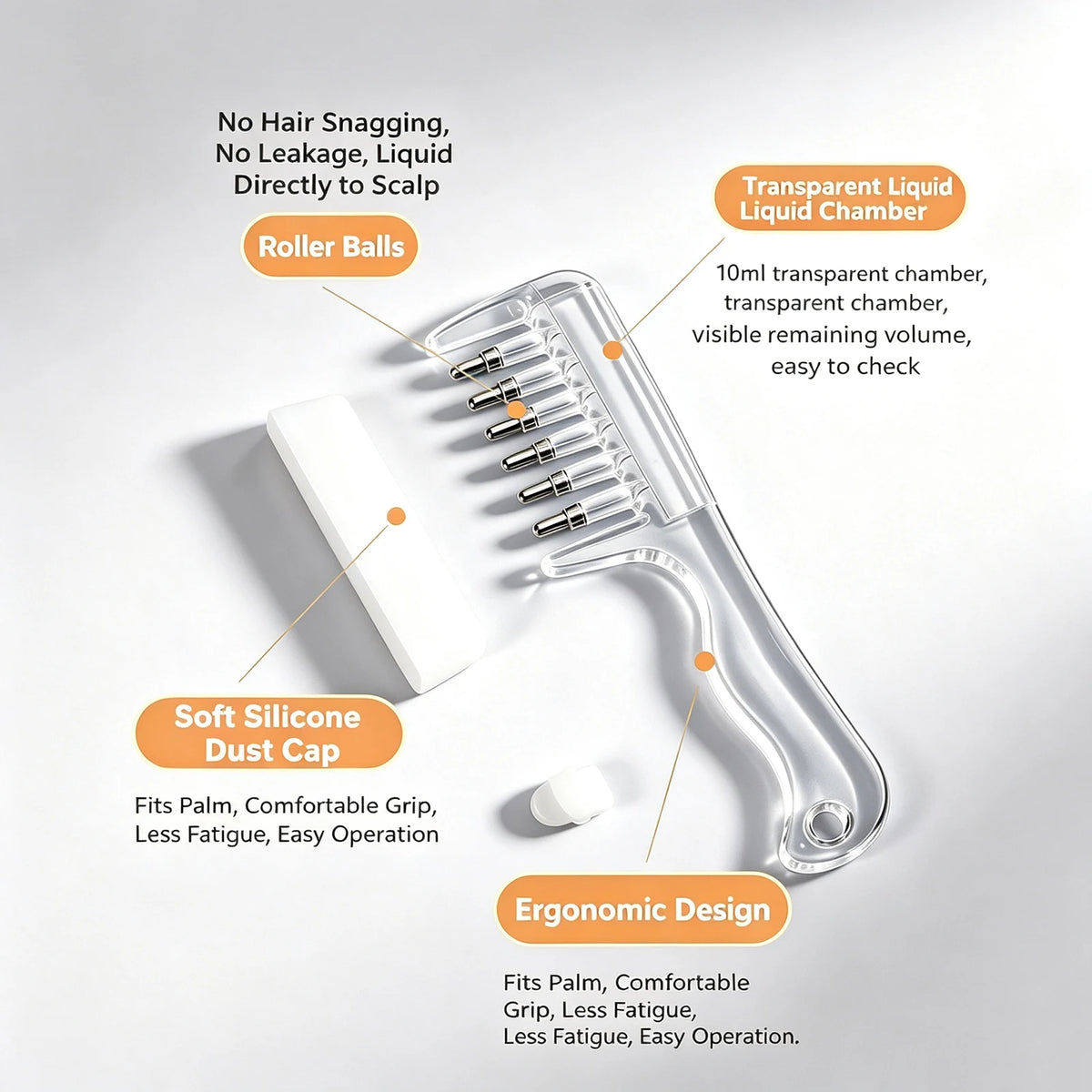 A clear silicone comb with roller balls and a soft silicone dust cap shown for liquid application.
