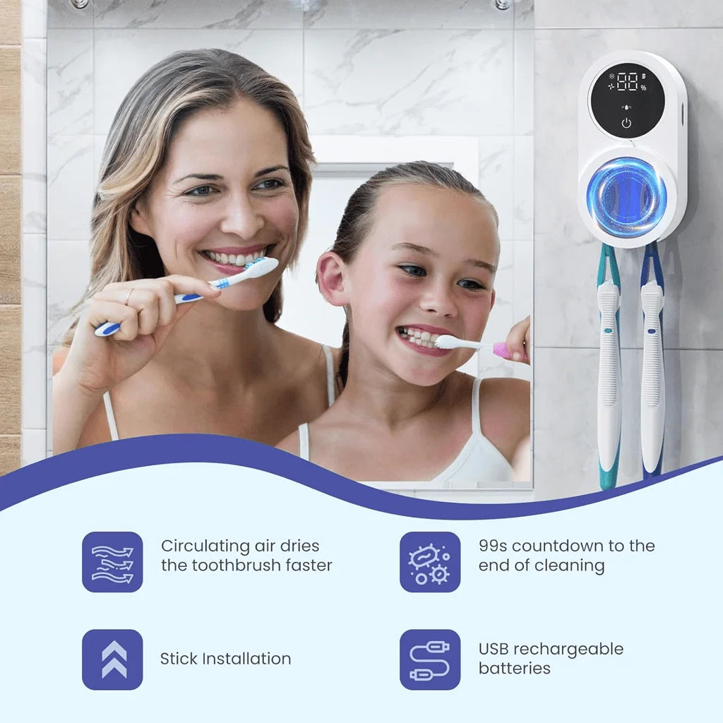 A woman and a girl are shown using an automatic rotating toothbrush dryer with USB rechargeable batteries.