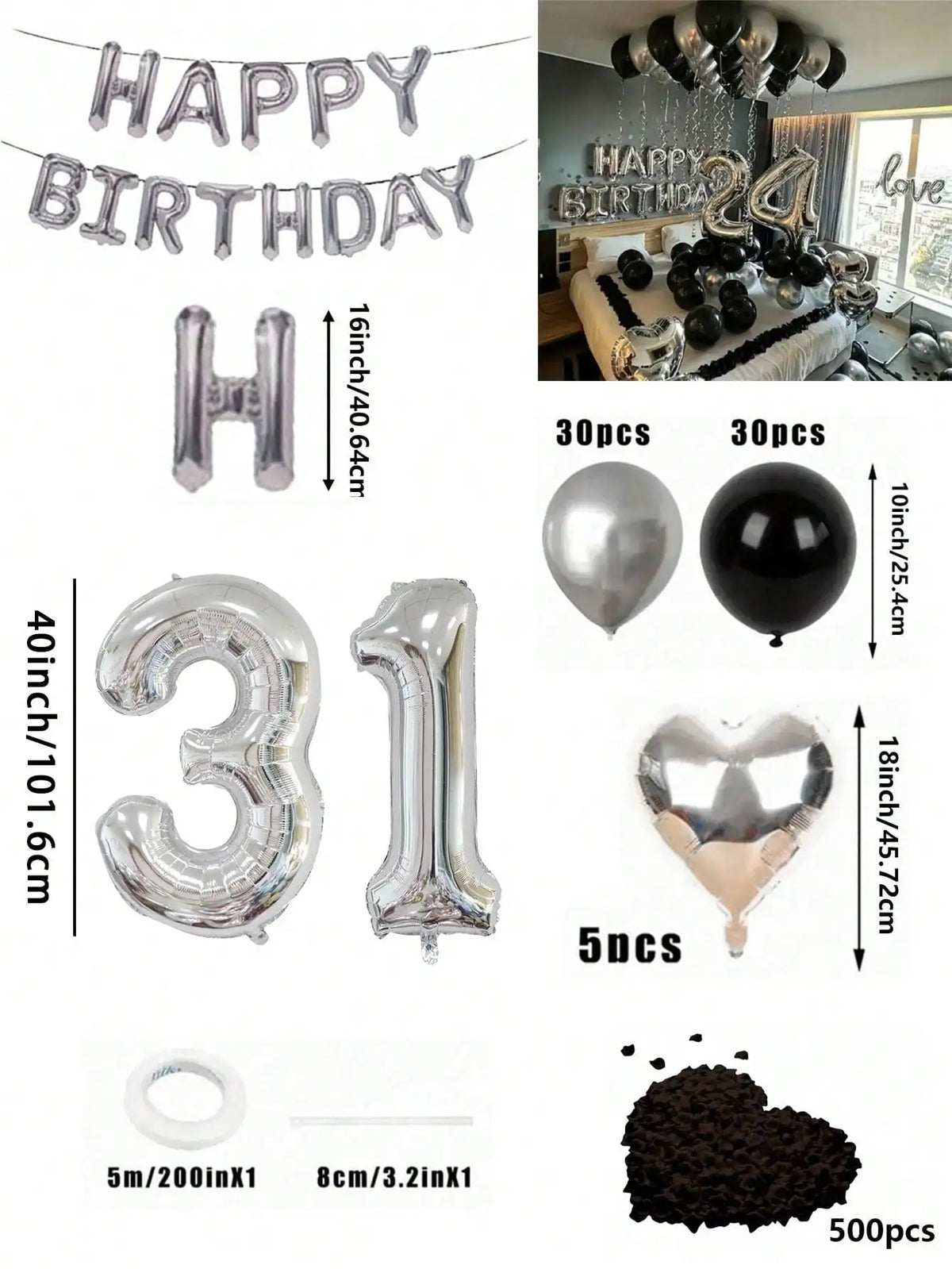 Un juego de globos con números y formas de corazón, en papel metálico plateado y negro, para decoración de cumpleaños.