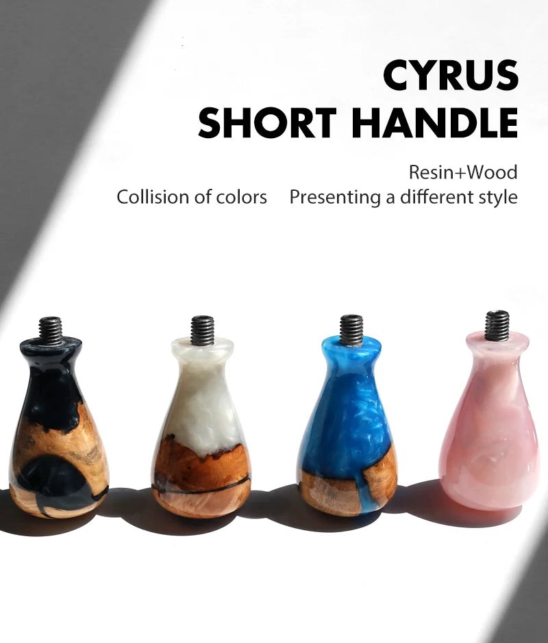 Cuatro portafiltros de café cortos con mango de resina y madera en varios colores