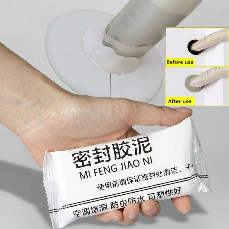 A hand holds a tube of MI FENG JIAO NI sealant clay with an inset showing before and after usage.