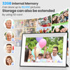 A digital photo frame displaying a family smiling in an outdoor setting.
