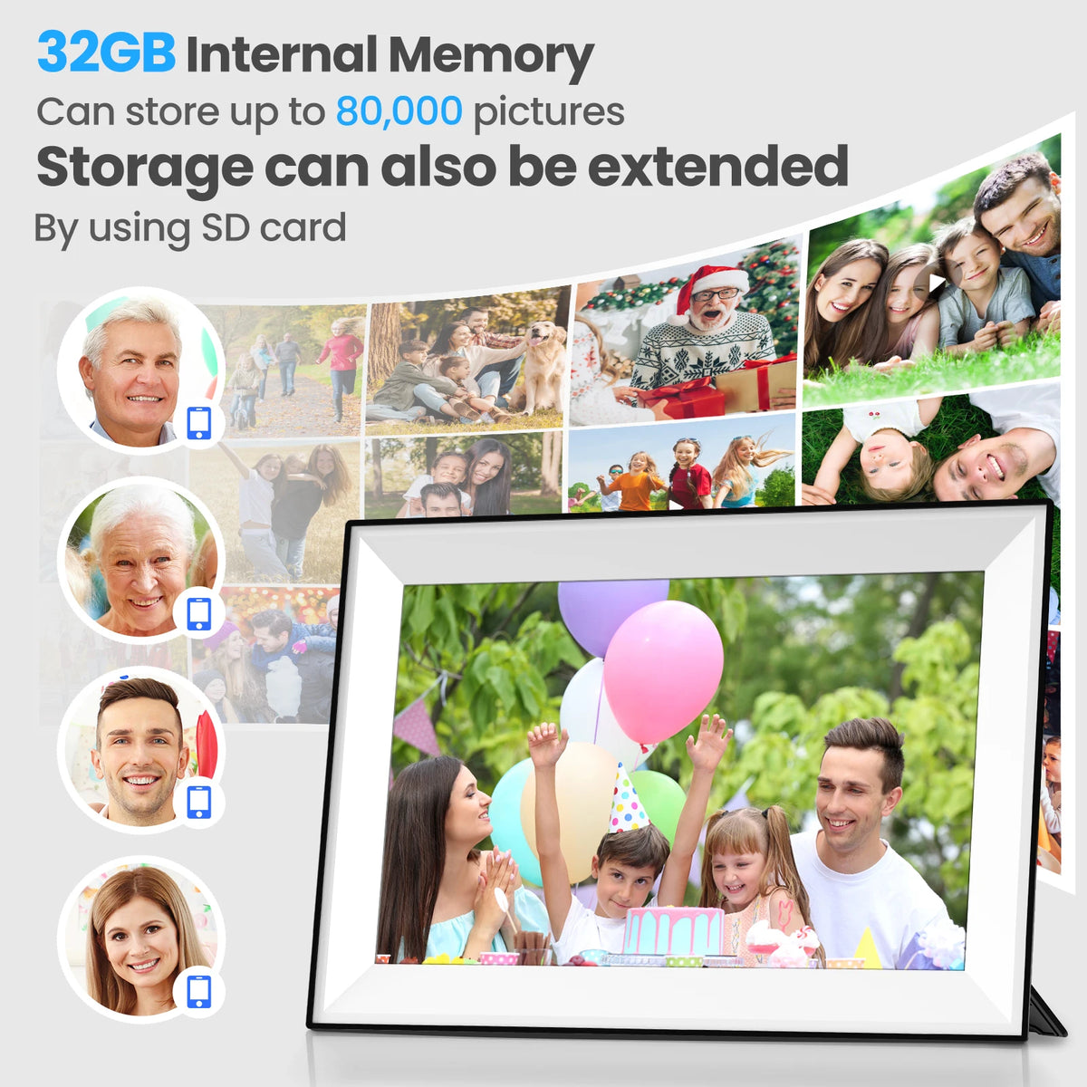 A digital photo frame displaying a family smiling in an outdoor setting.